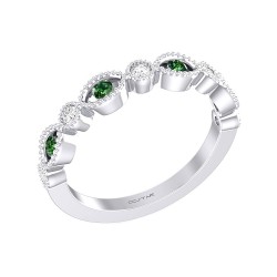 White Gold Emerald And Diamond Band Birthstone Ring 0.15 CT