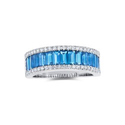 White Gold Blue Topaz And Diamond Band Birthstone Ring 0.35 CT