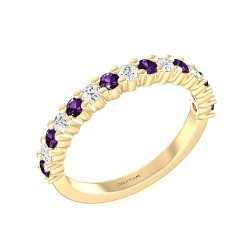Yellow Gold Amethyst And Diamond Band Birthstone Ring 0.25 CT