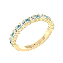 Yellow Gold Aquamarine And Diamond Band Birthstone Ring 0.25 CT