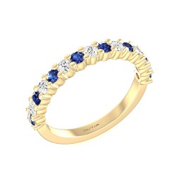 Yellow Gold Blue Sapphire And Diamond Band Birthstone Ring 0.30 CT