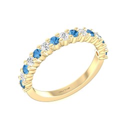 Yellow Gold Blue Topaz And Diamond Band Birthstone Ring 0.40 CT