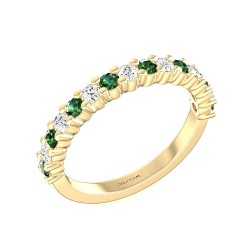 Yellow Gold Emerald And Diamond Band Birthstone Ring 0.25 CT