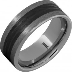 Rugged Tungsten™ Ring With Bark Carved Black Ceramic Insert and Stone Finish
