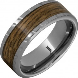 Barrel Aged™ Rugged Tungsten™ Ring with Bourbon Wood Inlay and Scored Edge