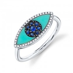 0.09ct Diamond & 0.62ct Blue Sapphire & Composite  Turquoise 14k White Gold Eye Ring