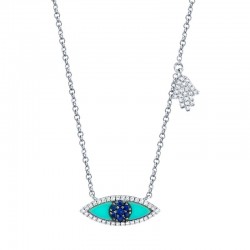0.13ct Diamond & 0.38ct Blue Sapphire & Composite Turquoise 14k White Gold Eye & Hamsa Necklace