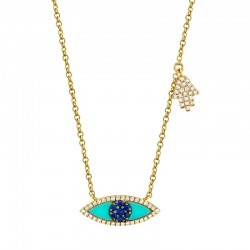 0.13ct Diamond & 0.38ct Blue Sapphire & Composite Turquoise 14k Yellow Gold Eye & Hamsa Necklace