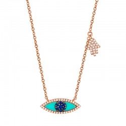0.13ct Diamond & 0.38ct Blue Sapphire & Composite Turquoise 14k Rose Gold Eye & Hamsa Necklace