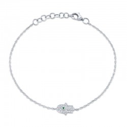 0.08ct Diamond & 0.01ct Emerald 14k White Gold Hamsa Bracelet