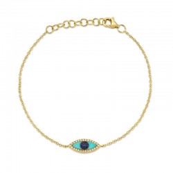 0.06ct Diamond & 0.20ct Blue Sapphire & C. Turquoise 14k Yellow Gold Eye Bracelet