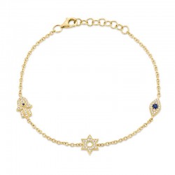 0.15ct Diamond & 0.06ct Blue Sapphire 14k Yellow Gold Hamsa Star Eye Bracelet