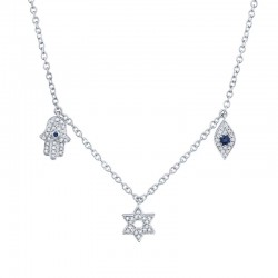 0.15ct Diamond & 0.06ct Blue Sapphire 14k White Gold Hamsa Star Eye Necklace