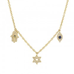 0.15ct Diamond & 0.06ct Blue Sapphire 14k Yellow Gold Hamsa Star Eye Necklace