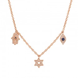 0.15ct Diamond & 0.06ct Blue Sapphire 14k Rose Gold Hamsa Star Eye Necklace