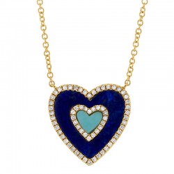 0.17ct Diamond & 0.96ct Lapis & Composite Turquoise 14k Yellow Gold Heart Necklace