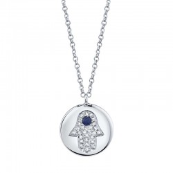 0.08ct Diamond & 0.04ct Blue Sapphire 14k White Gold Diamond Hamsa Necklace