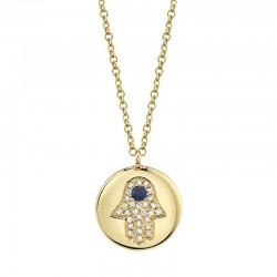 0.08ct Diamond & 0.04ct Blue Sapphire 14k Yellow Gold Diamond Hamsa Necklace