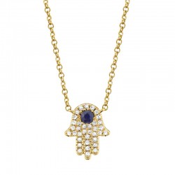 0.09ct Diamond & 0.08ct Blue Sapphire 14k Yellow Gold Diamond Hamsa Necklace