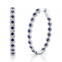 0.86ct Diamond & 1.83ct Blue Sapphire 14k White Gold Diamond Oval Hoop Earring