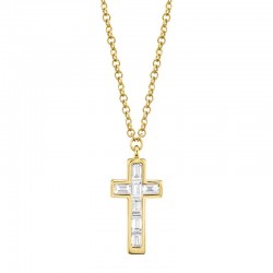0.17ct 14k Yellow Gold Diamond Baguette Cross Necklace