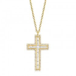 0.31ct 14k Yellow Gold Diamond Baguette Cross Necklace
