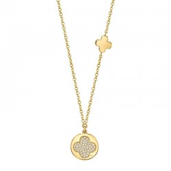 0.11ct 14k Yellow Gold Diamond Pave Clover Disc Necklace