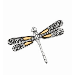 Silver And 18Kt Gold Oxidized Single Dragonfly Brooch/Pendant