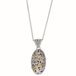 Silver And 18Kt Gold Dragonfly Oval Pendant With 0.43Ct. Diamonds
