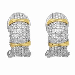 Silver And 18Kt Gold Textured Curve Popcorn Post Earrings With Omega Back Clasp And Diamonds