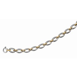 Silver And 18Kt Gold Rhodium Finish Textured Italian Cable Link Bracelet With Spring Ring Clasp