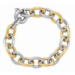Silver And 18Kt Gold Rhodium Finish Textured Italian Cable Link Bracelet With Giant Spring Ring Clasp