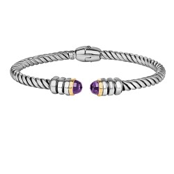 Silver And 18Kt Gold Italian Cable Cuff Bangle With Amethyst