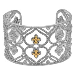 Silver And 18Kt Gold Fleur De Lis Pattern Cuff Bangle With .50Ct Diamond