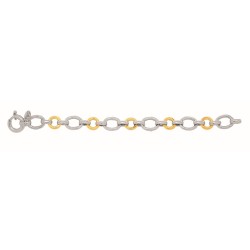 Silver And 18Kt Gold Textured Italian Cable Bracelet With Round And Oval Links And Spring Ring Clasp