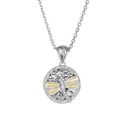Silver And 18Kt Gold 14Mm Round Dragonfly Pendant With White Sapphires On 18In Chain