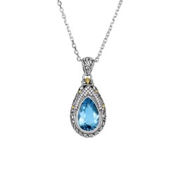 Silver And 18Kt Gold Teardrop Filigree Pendant With Blue Topaz And White Sapphires On 18In Chain