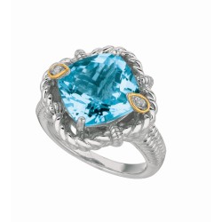 Silver And 18Kt Gold Gem Candy Cushion Blue Topaz And Diamonds Ring With Woven F Inish