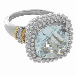 Silver And 18Kt Gold Popcorn Ring With Large Square Cushion Blue Topaz And Diamonds