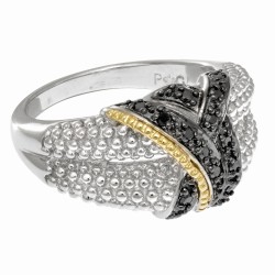 Silver And 18Kt Gold Textured Graduated Popcorn Ring With Black Diamonds