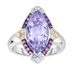 Silver And 18Kt Gold Gem Candy Marquis Ring With P Ink Amethyst, Rhodalite And White Sapphire