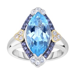 Silver And 18Kt Gold Gem Candy Marquis Ring With Blue Topaz, Iolite And White Sapphire