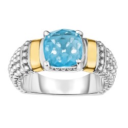 Silver And 18Kt Gold Popcorn Ring With Cushion Blue Topaz