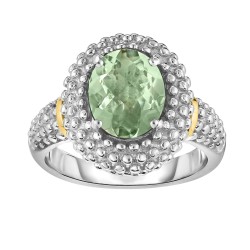 Silver And 18Kt Gold Popcorn Ring With Medium Oval Green Amethyst